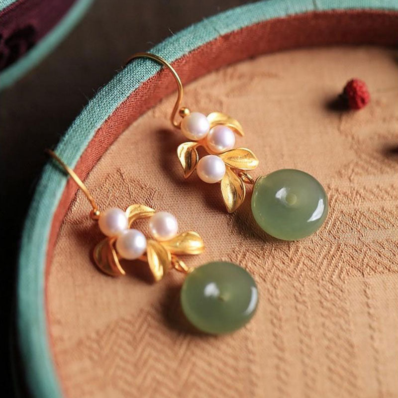 Gold Plated Leaf Pearl Jade Drop Dangle Earrings