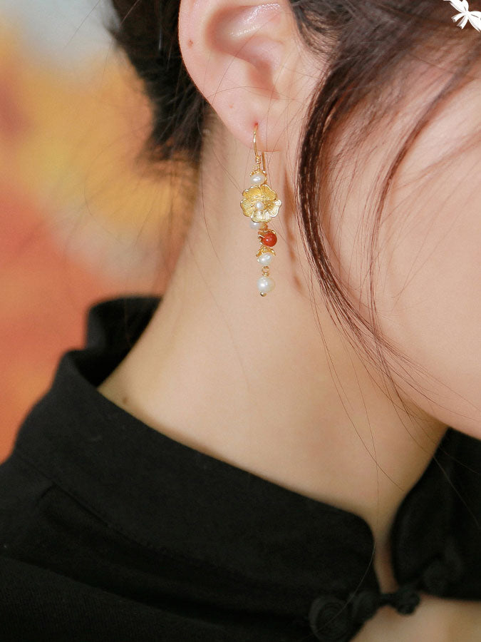 Pearls Agate Alloy Flower Dangle Clip-on Hook Earrings