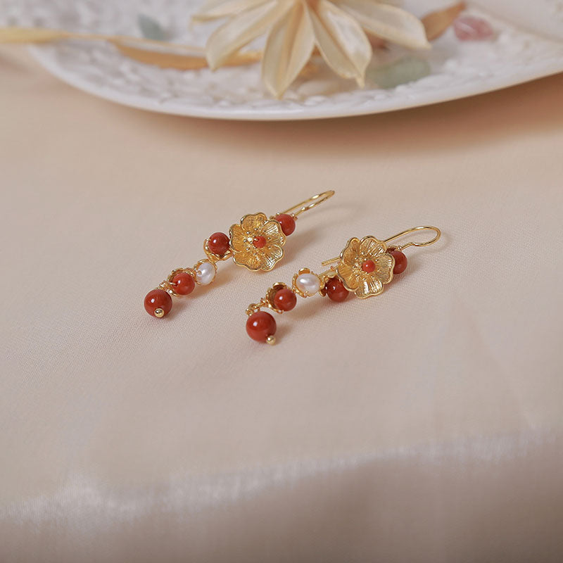 Pearls Agate Alloy Flower Dangle Clip-on Hook Earrings