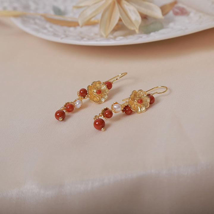 Pearls Agate Alloy Flower Dangle Clip-on Hook Earrings