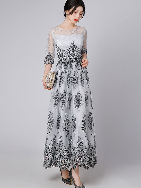 Gray Floral Illusion A-Line Maxi Prom Dress