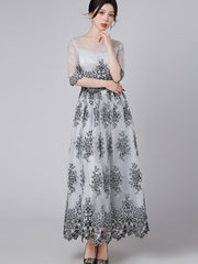 Gray Floral Illusion A-Line Maxi Prom Dress
