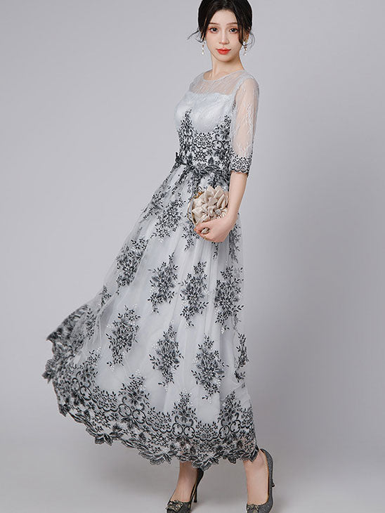 Gray Floral Illusion A-Line Maxi Prom Dress