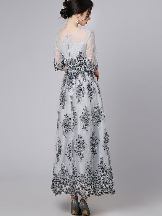 Gray Floral Illusion A-Line Maxi Prom Dress