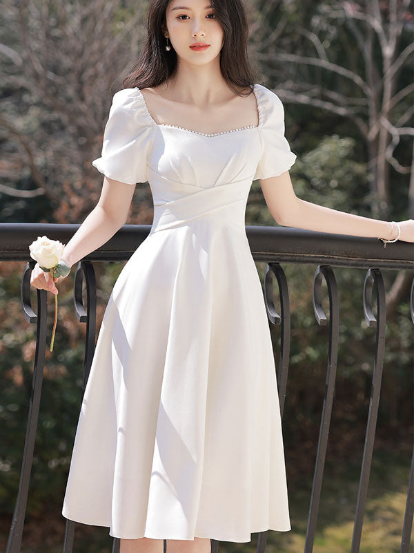 puffy a line dress White Boat Neck A-Line with Puff Sleeve Svana V Neck Embellished Gray Green Custom Size Color:White, green and beige primary-color-yellow
