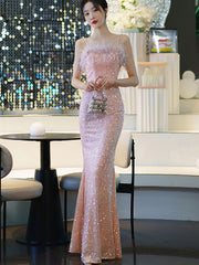 Pink White Sequins Fishtail Slip Evening Dress