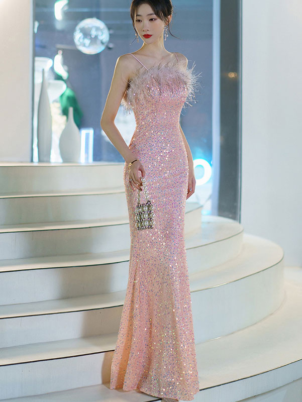 Pink White Sequins Fishtail Slip Evening Dress