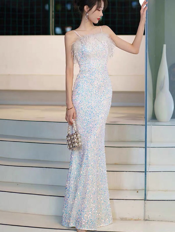 Pink White Sequins Fishtail Slip Evening Dress