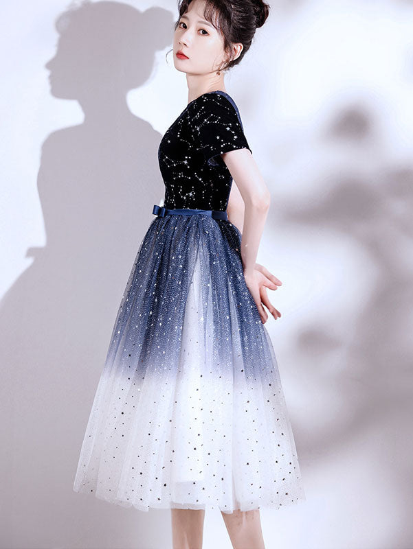 Colorblock Shimmery Tulle Evening Party Dress