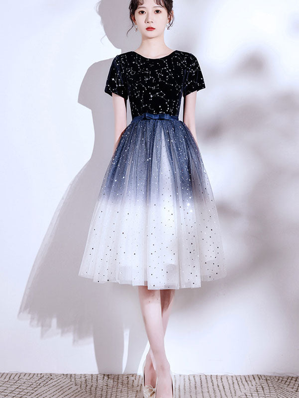 Colorblock Shimmery Tulle Evening Party Dress