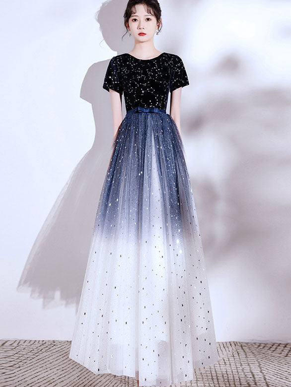 Colorblock Shimmery Tulle Evening Party Dress