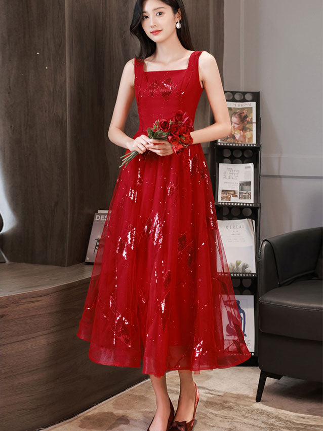 Red Shimmery Sequined Fit & Flare Tulle Midi Dress