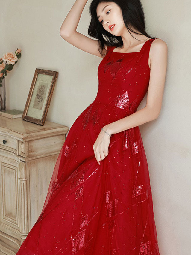 Red Shimmery Sequined Fit & Flare Tulle Midi Dress