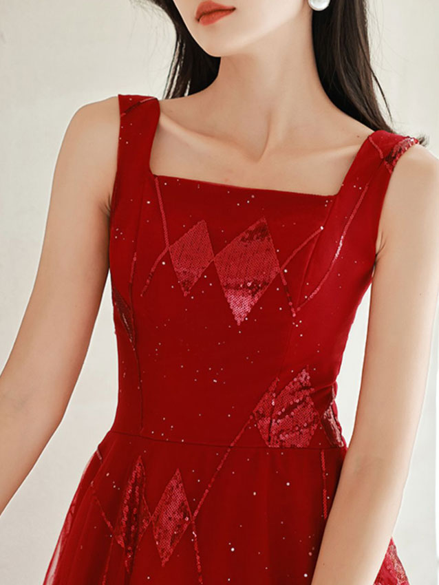 Red Shimmery Sequined Fit & Flare Tulle Midi Dress