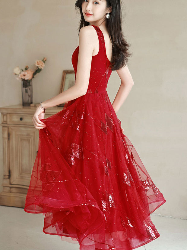 Red Shimmery Sequined Fit & Flare Tulle Midi Dress