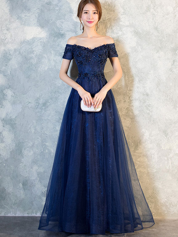 Full Length Off Shoulder Wedding Dress with Appliques