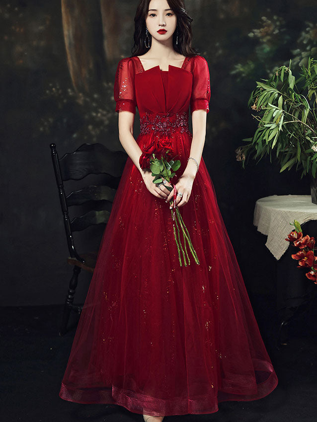 Shimmery Red Fit & Flare Tulle Full Engagement Dress