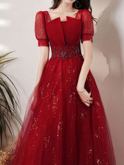 Shimmery Red Fit & Flare Tulle Full Engagement Dress