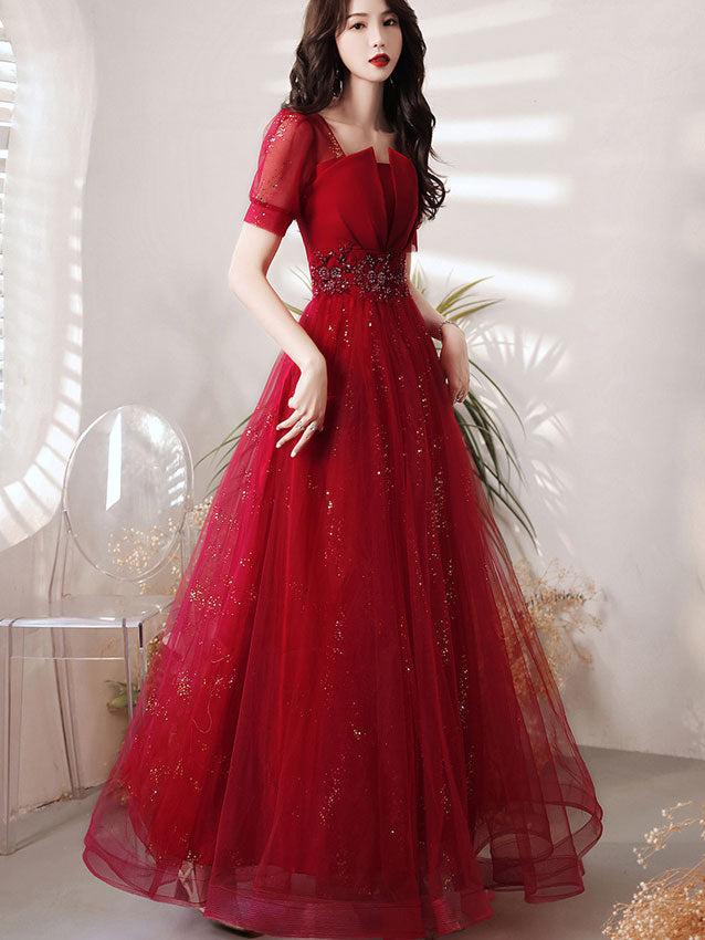 Shimmery Red Fit & Flare Tulle Full Engagement Dress