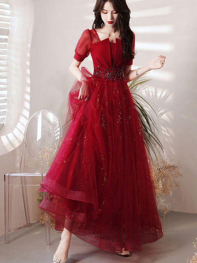 Shimmery Red Fit & Flare Tulle Full Engagement Dress