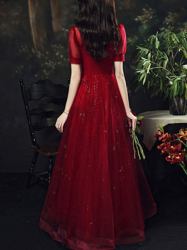 Shimmery Red Fit & Flare Tulle Full Engagement Dress