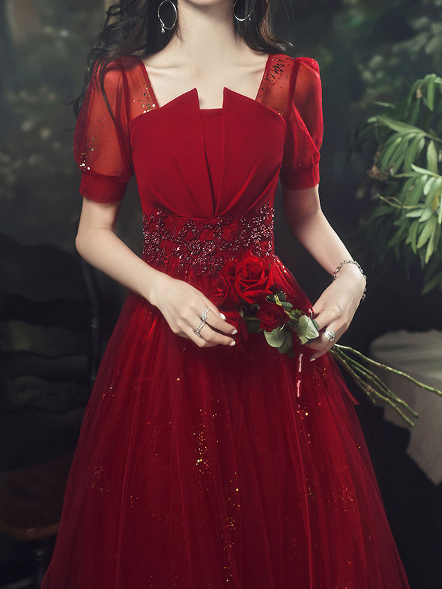Shimmery Red Fit & Flare Tulle Full Engagement Dress