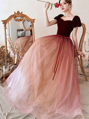 Burgundy Shimmery Fit & Flare Maxi Tulle Gown