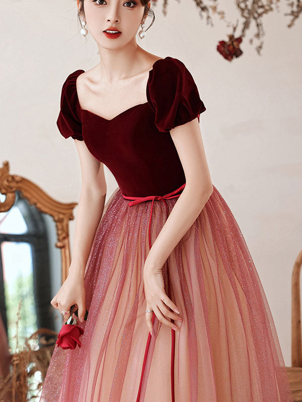 Burgundy Shimmery Fit & Flare Maxi Tulle Gown