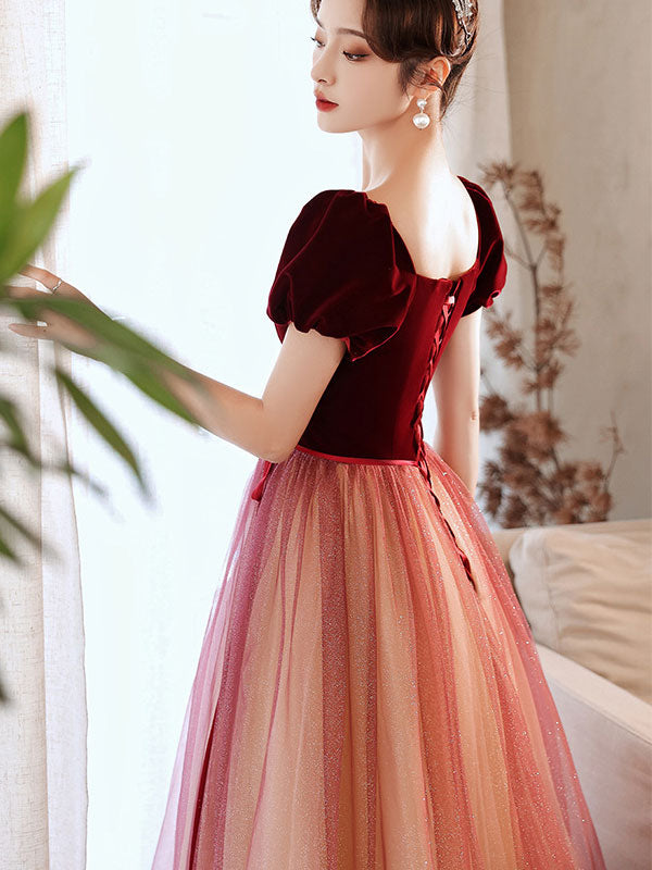 Burgundy Shimmery Fit & Flare Maxi Tulle Gown