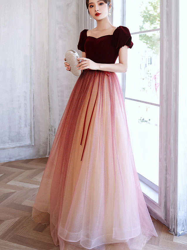 Burgundy Shimmery Fit & Flare Maxi Tulle Gown