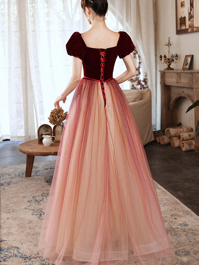 Burgundy Shimmery Fit & Flare Maxi Tulle Gown