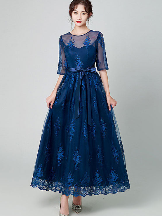 Blue Belt Illusion Floral A-Line Mothers Gown