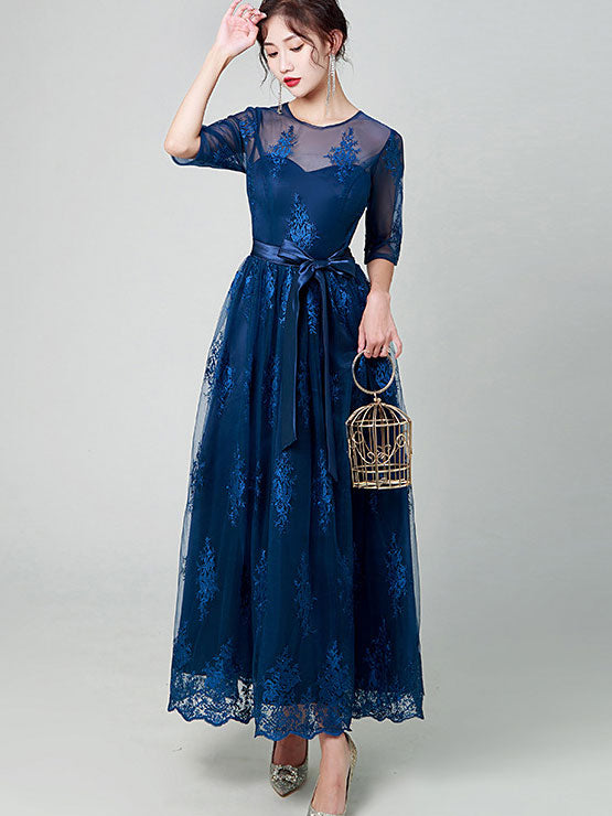 Blue Belt Illusion Floral A-Line Mothers Gown