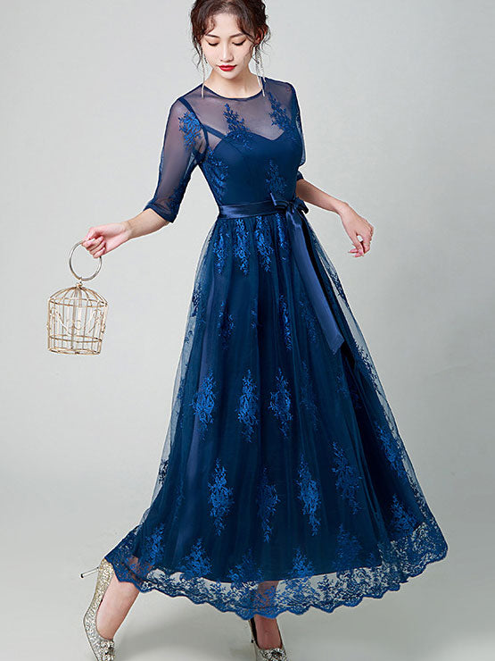 Blue Belt Illusion Floral A-Line Mothers Gown