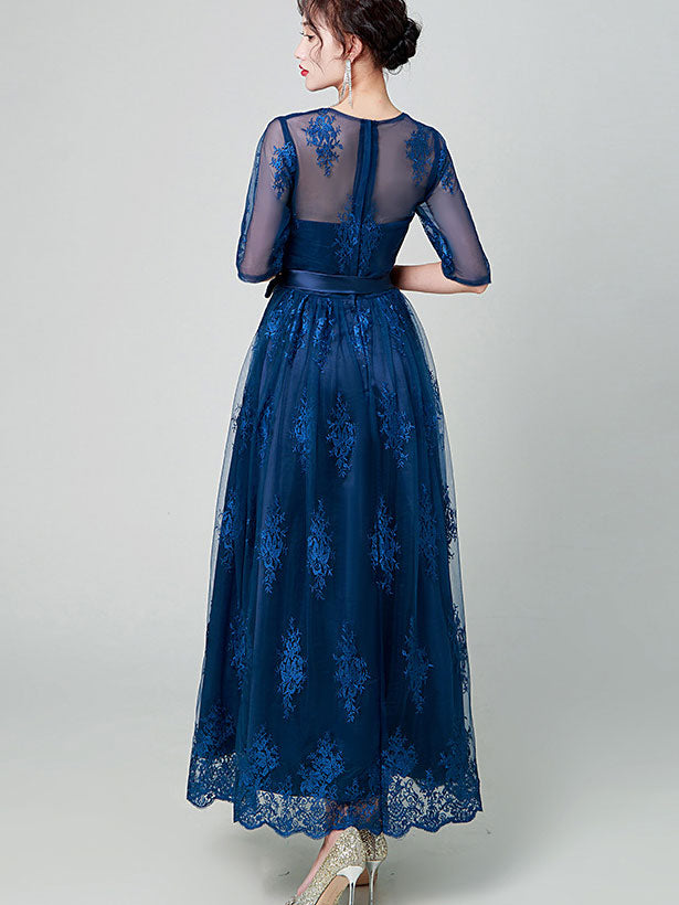 Blue Belt Illusion Floral A-Line Mothers Gown