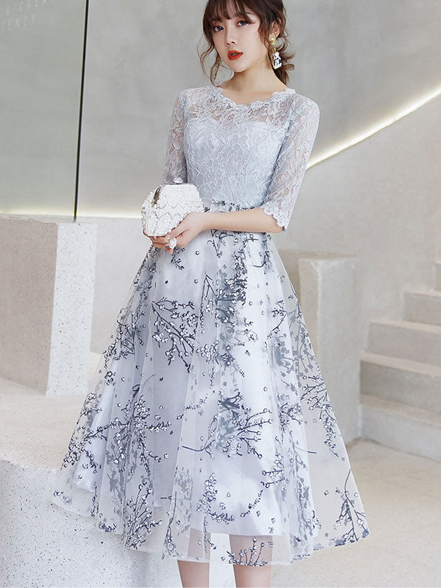 Black Gray Floral Fit & Flare Midi Dress