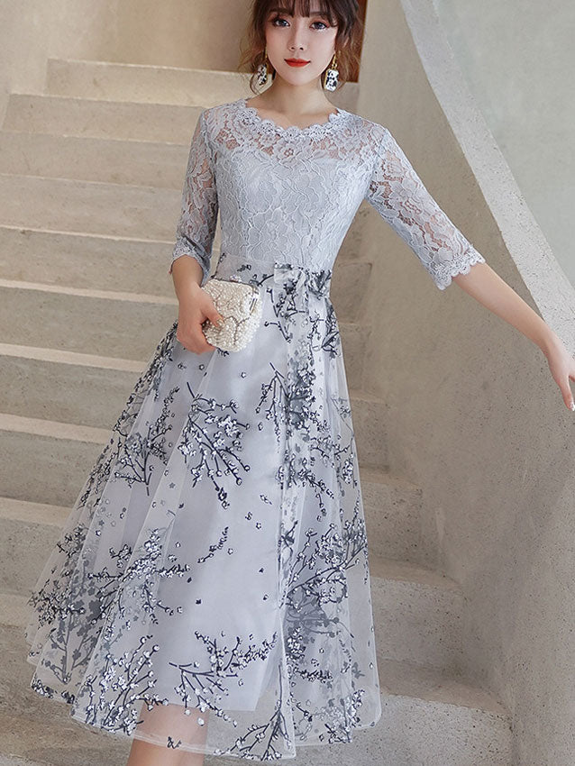 Black Gray Floral Fit & Flare Midi Dress