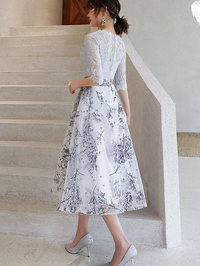 Black Gray Floral Fit & Flare Midi Dress