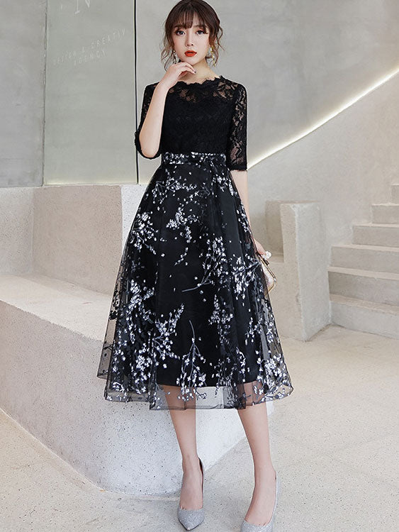 Black Gray Floral Fit & Flare Midi Dress