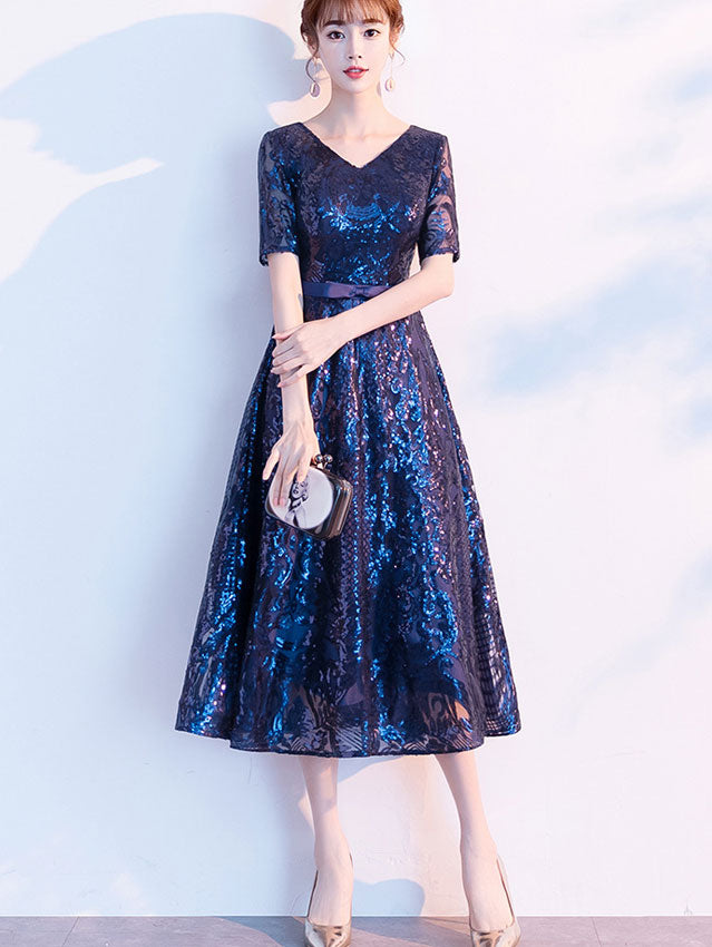 Sequined Blue V-neck A-Line Midi Party Dress