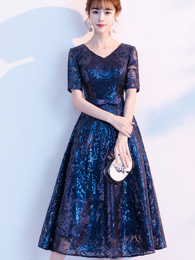 Sequined Blue V-neck A-Line Midi Party Dress