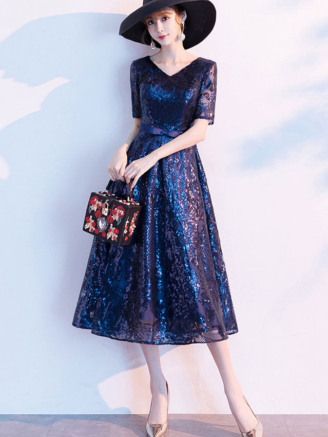 Sequined Blue V-neck A-Line Midi Party Dress