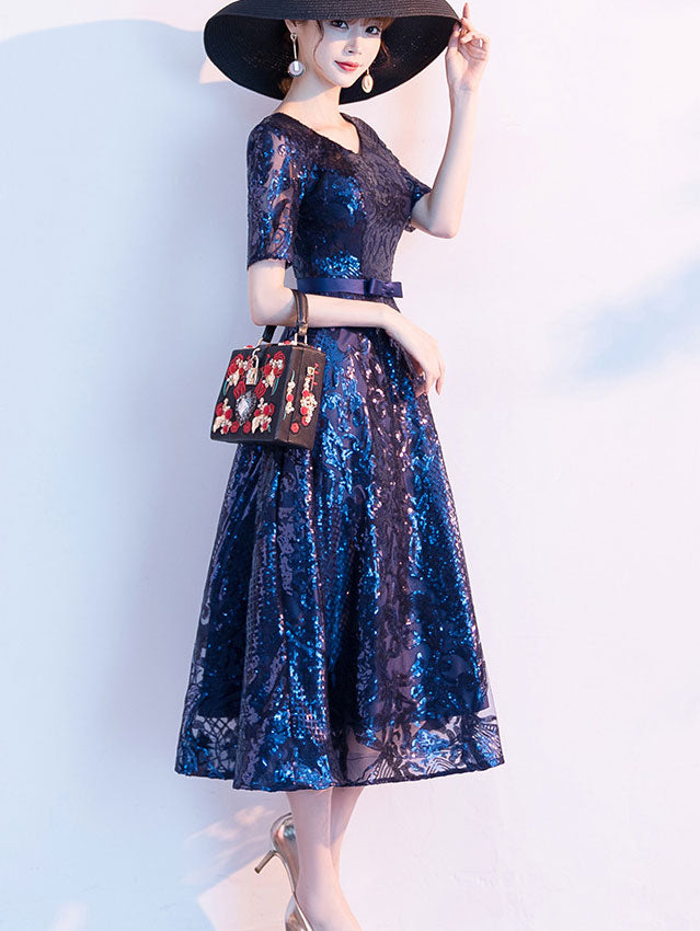 Sequined Blue V-neck A-Line Midi Party Dress