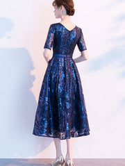 Sequined Blue V-neck A-Line Midi Party Dress