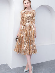 Gold Sequined Fit & Flare Midi Party Dress
