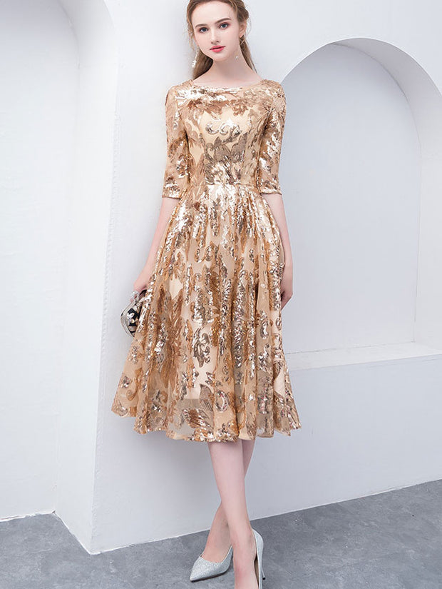 Gold Sequined Fit & Flare Midi Party Dress