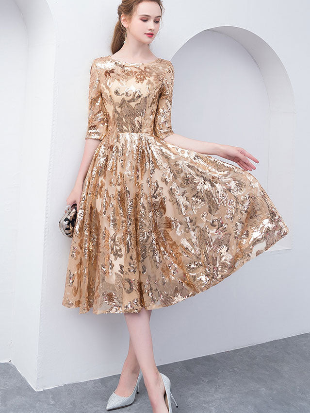 Gold Sequined Fit & Flare Midi Party Dress