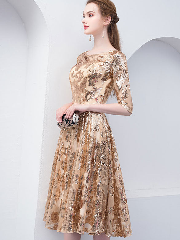 Gold Sequined Fit & Flare Midi Party Dress