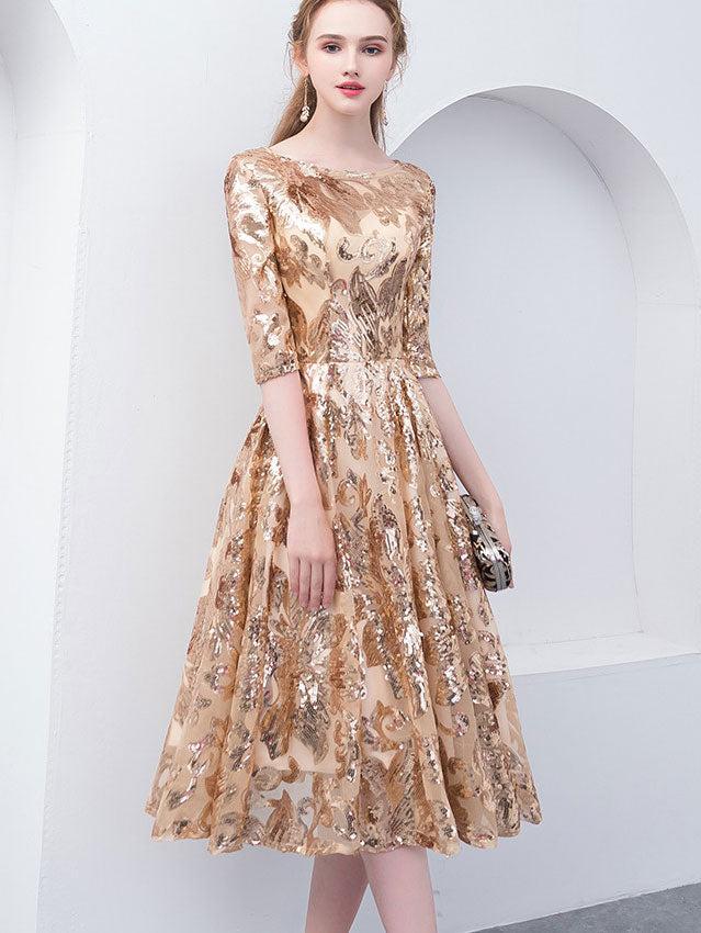 Gold Sequined Fit & Flare Midi Party Dress
