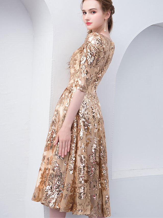 Gold Sequined Fit & Flare Midi Party Dress